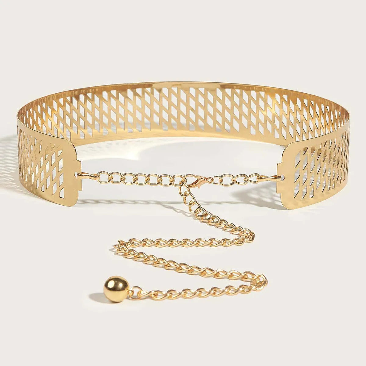 Gold iron waist belt with detailed lantern head pattern, showing alloy buckle and hook fastening.