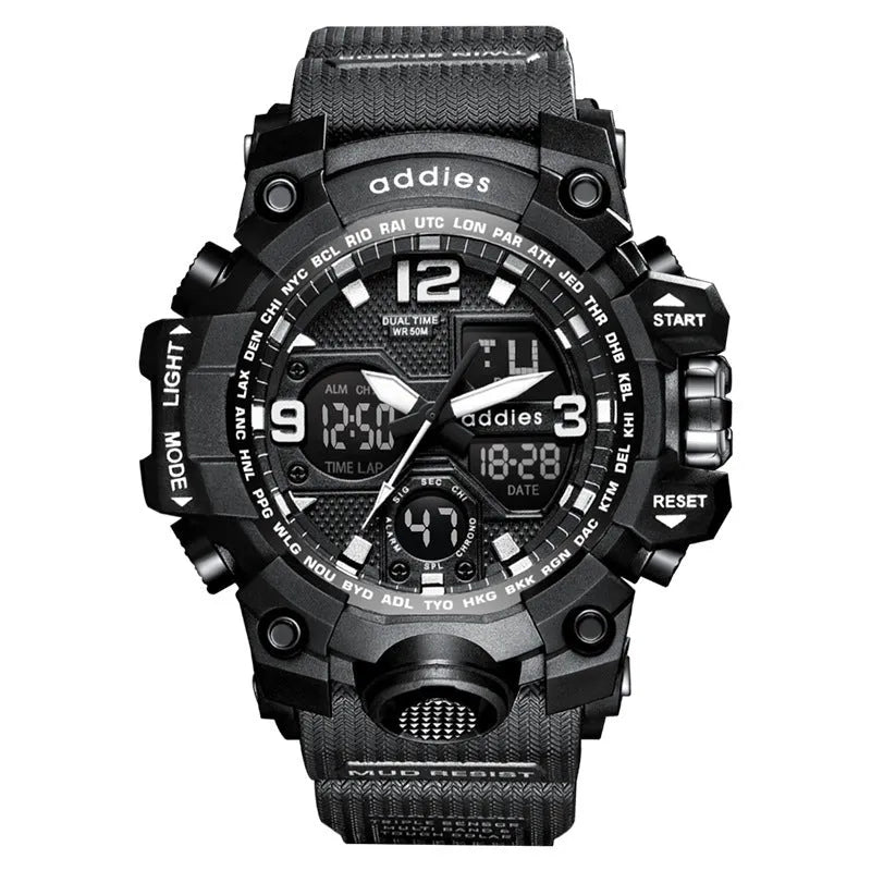 Men's electronic sports watch with dual analogue and digital display on plastic strap