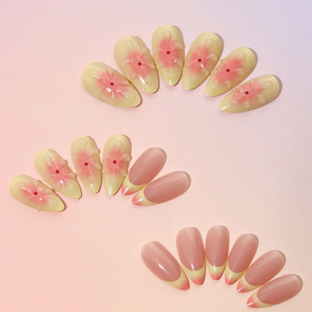Set of detachable plastic false nails with 3D cartoon flower design, colour TY-318, with glue and file.