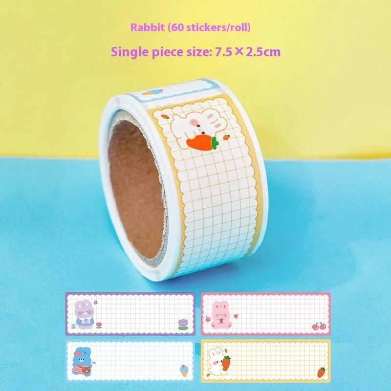 Roll of cartoon name tape stickers showing Dinosaur, Astronaut, Rabbit, and Girl design options.