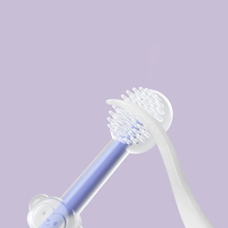 Pet toothbrush with flexible silicone brush head in blue, green, and purple colours for cat and dog dental care