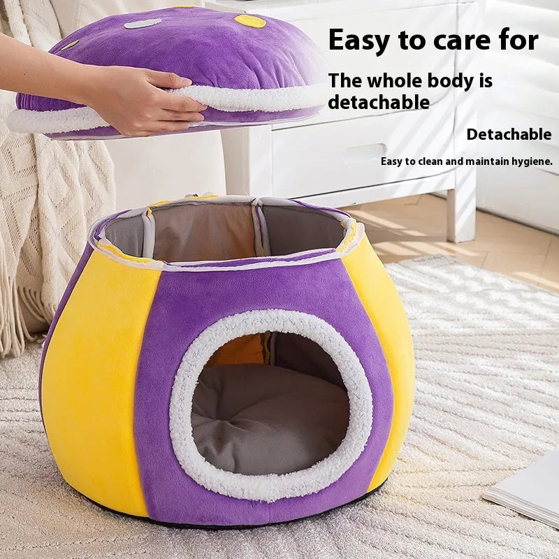 Grey mushroom-shaped plush cat bed with a detachable rabbit blanket for winter warmth.
