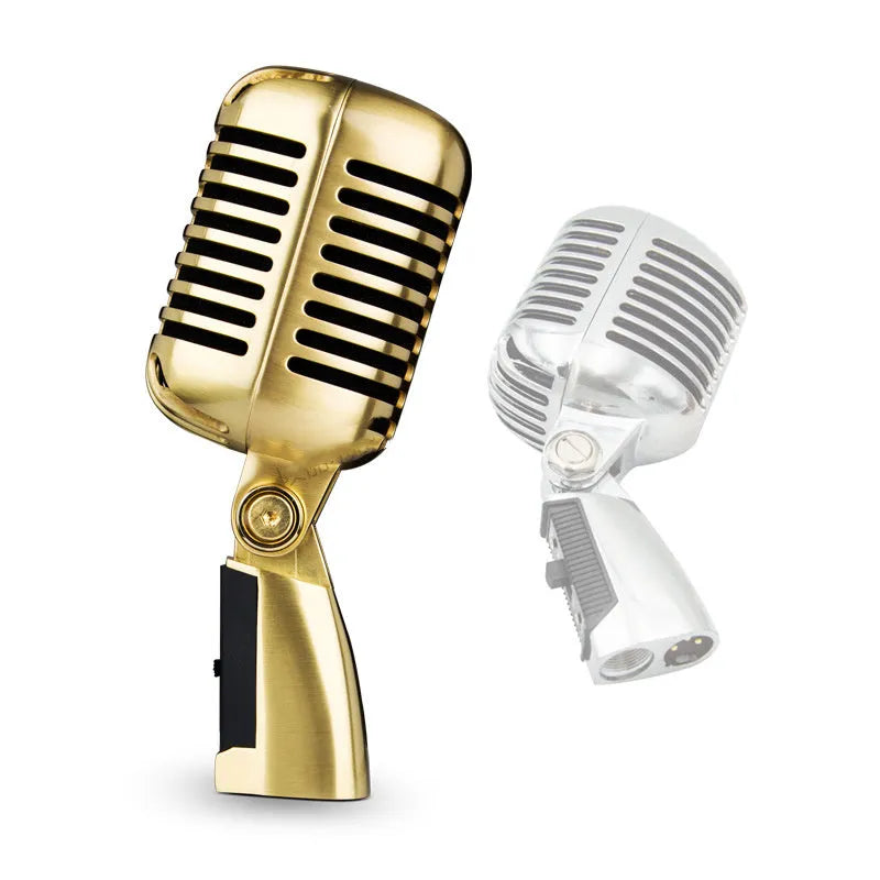 Classical retro dynamic microphone in gold finish with all-metal construction and heart-shaped polar pattern for stage performance