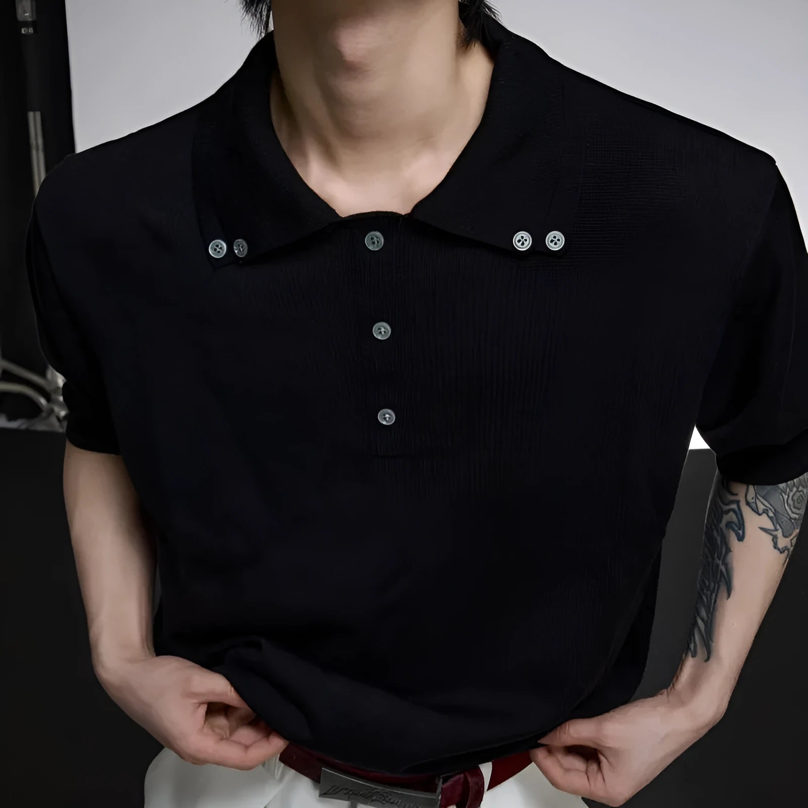 Men's black short sleeve knit shirt with double lapel collar design and ice feeling polyester fabric