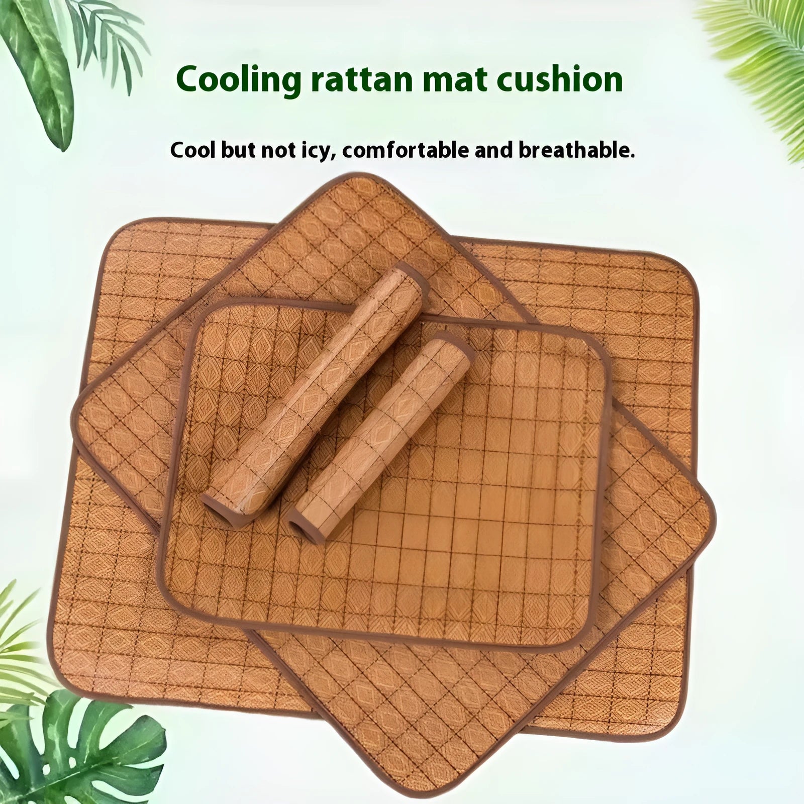 Brown rattan fibre dog cooling mat shown in various sizes