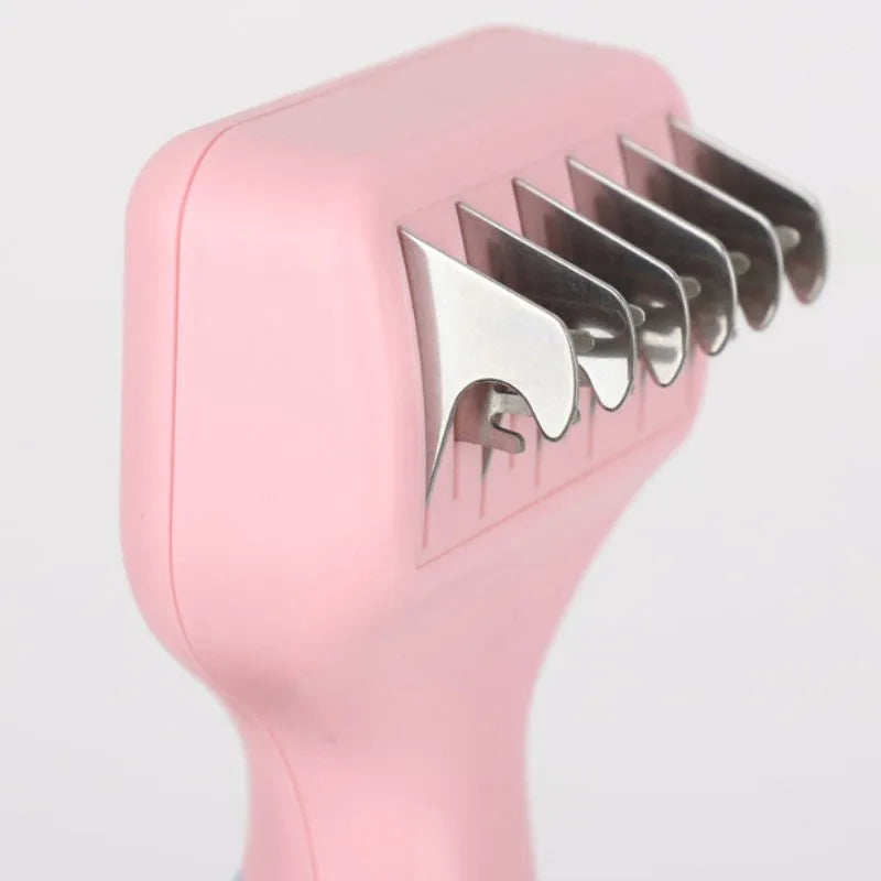 Pink stainless steel dog grooming comb with massage function and knot knife for pet fur care