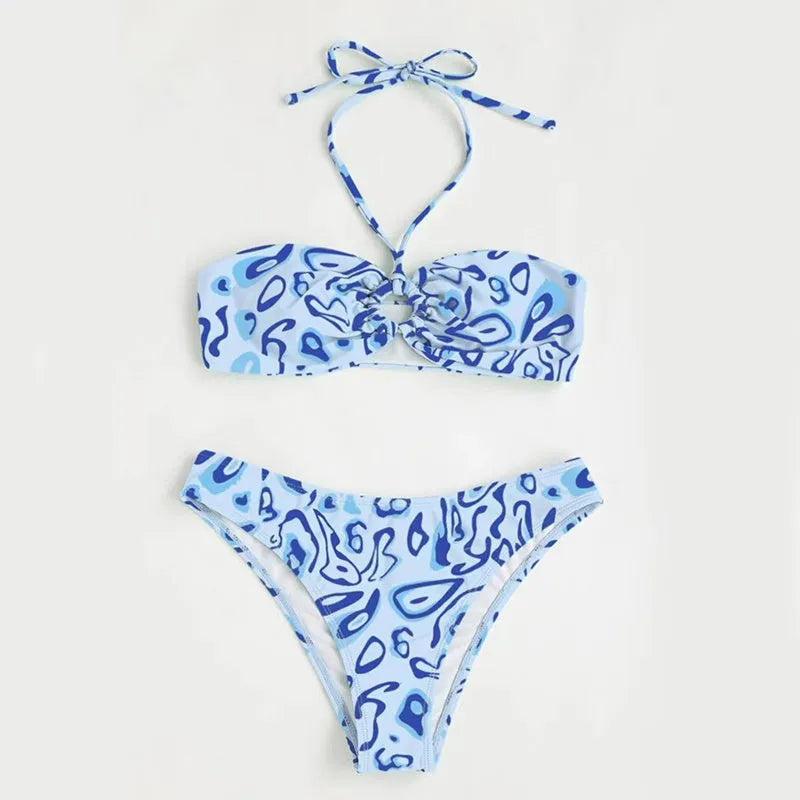 Blue floral bandeau bikini swimsuit with split high-cut legs and adjustable triangle top
