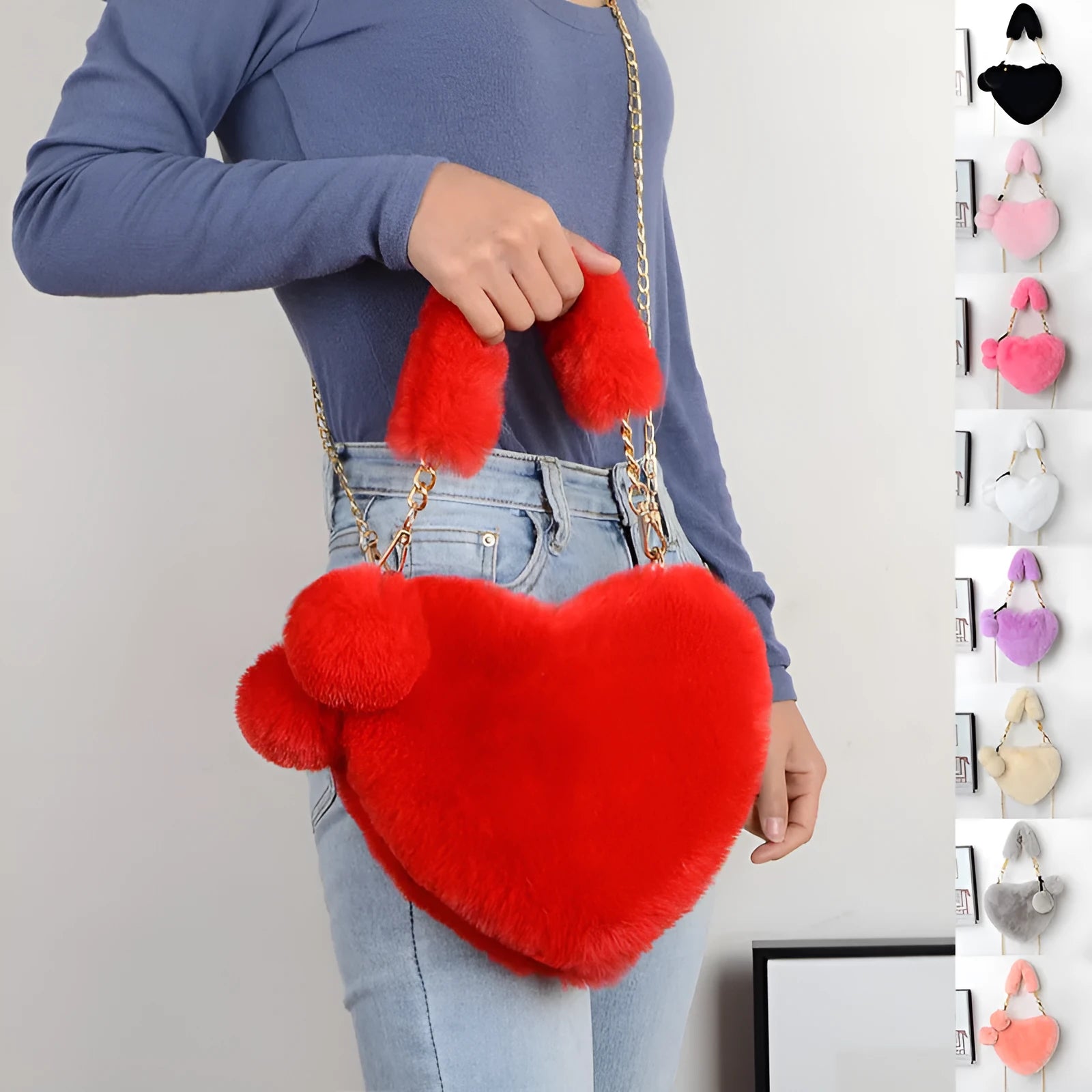 Soft plush heart-shaped women's handbag in medium size with zipper closure