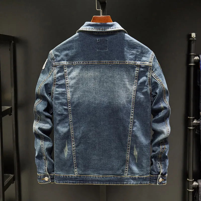 Plus size men's cotton denim jacket in dark blue slim fit with long sleeves round hem