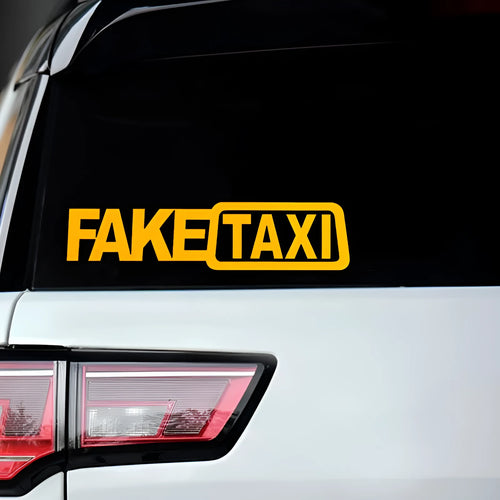Set of three FAKE TAXI car warning stickers in yellow, black, and white, each 20cm by 8cm.