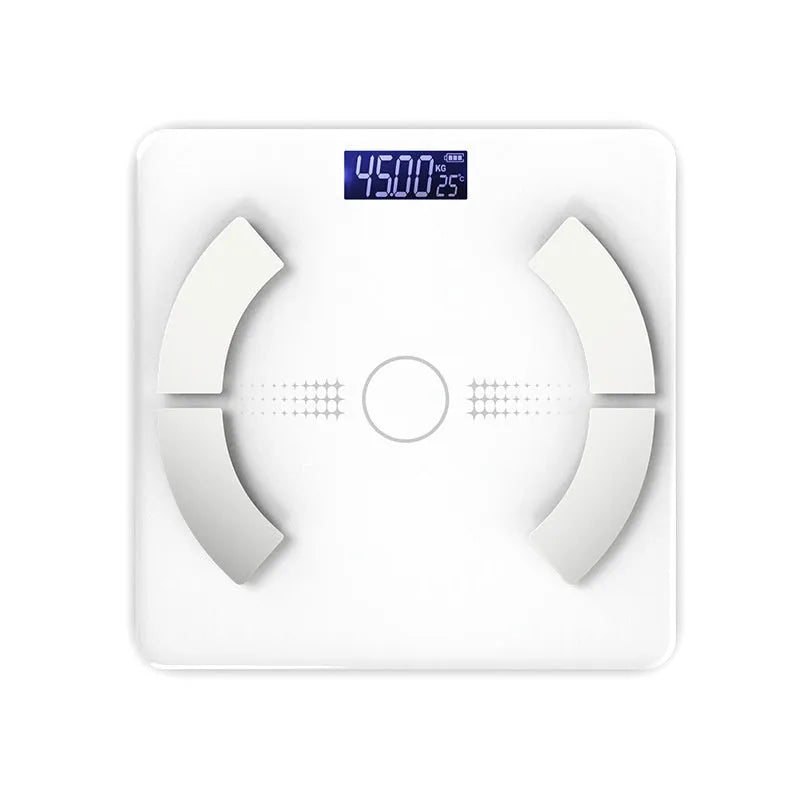 Smart Bluetooth body fat scale in white, black or pink with USB charging for weight, body fat, moisture and calorie measurement