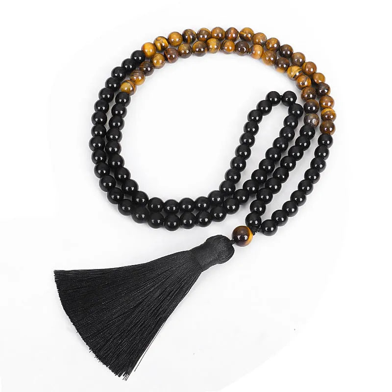 Tiger eye stone drop pendant tassel necklace chain with ball bead construction