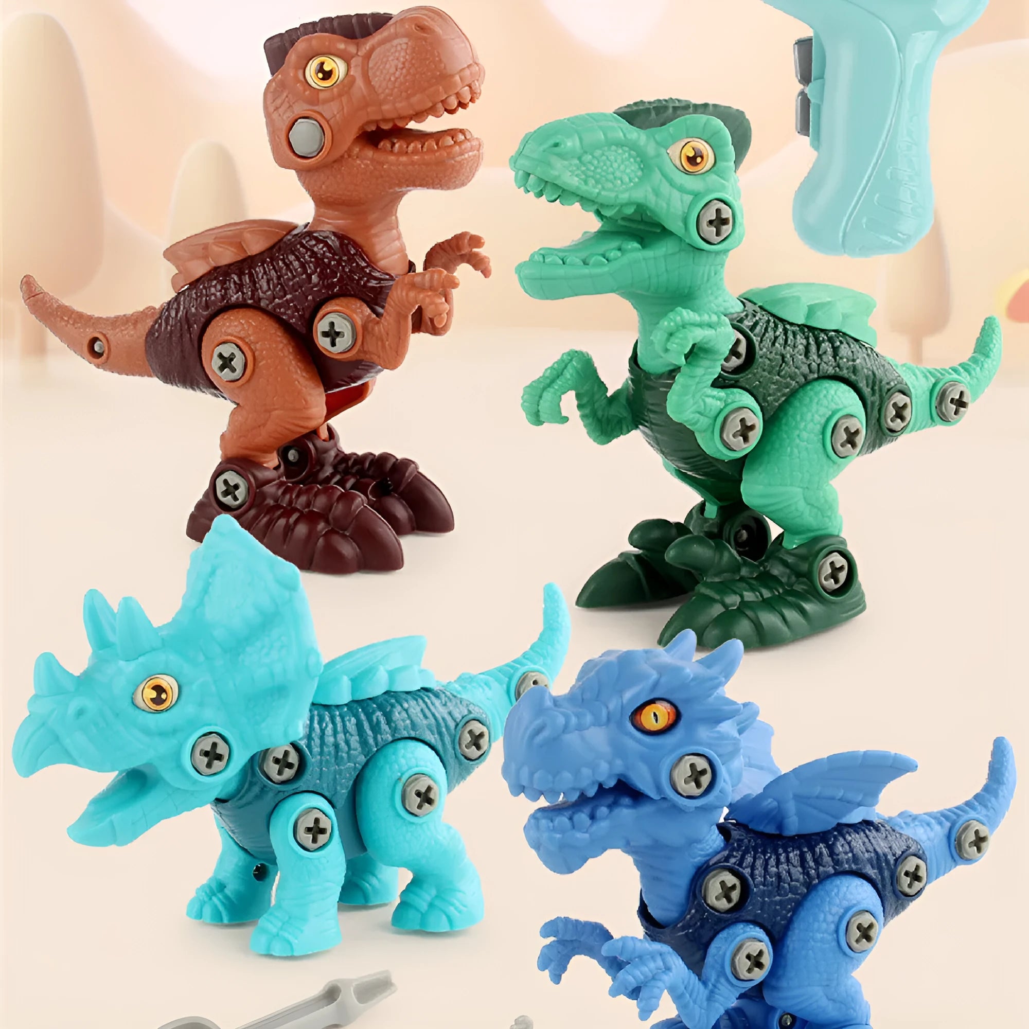 Puzzle assembled dinosaur building blocks set with six models including Stegosaurus made from ABS plastic