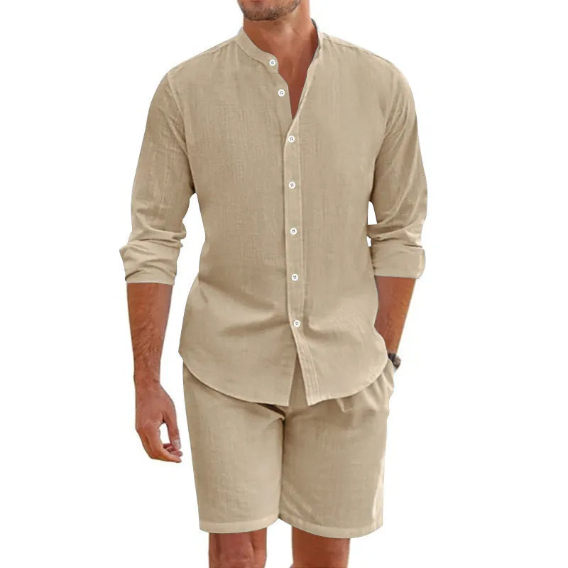Men's dark grey hemp blend summer shirt suit with lapel button-down top and drawstring shorts