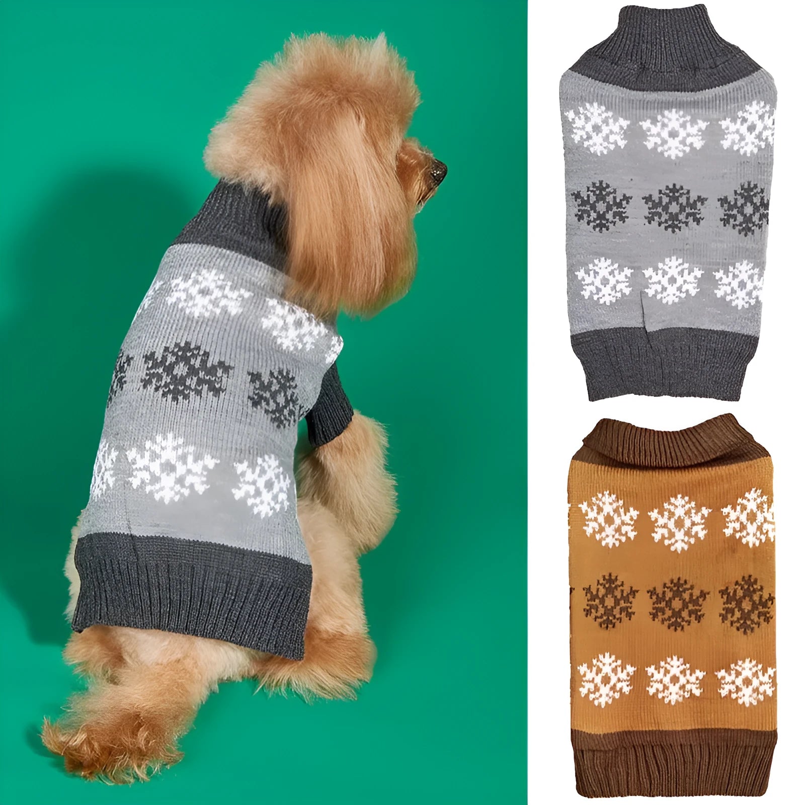 Dog wearing brown and grey Christmas sweater with snowflake pattern design