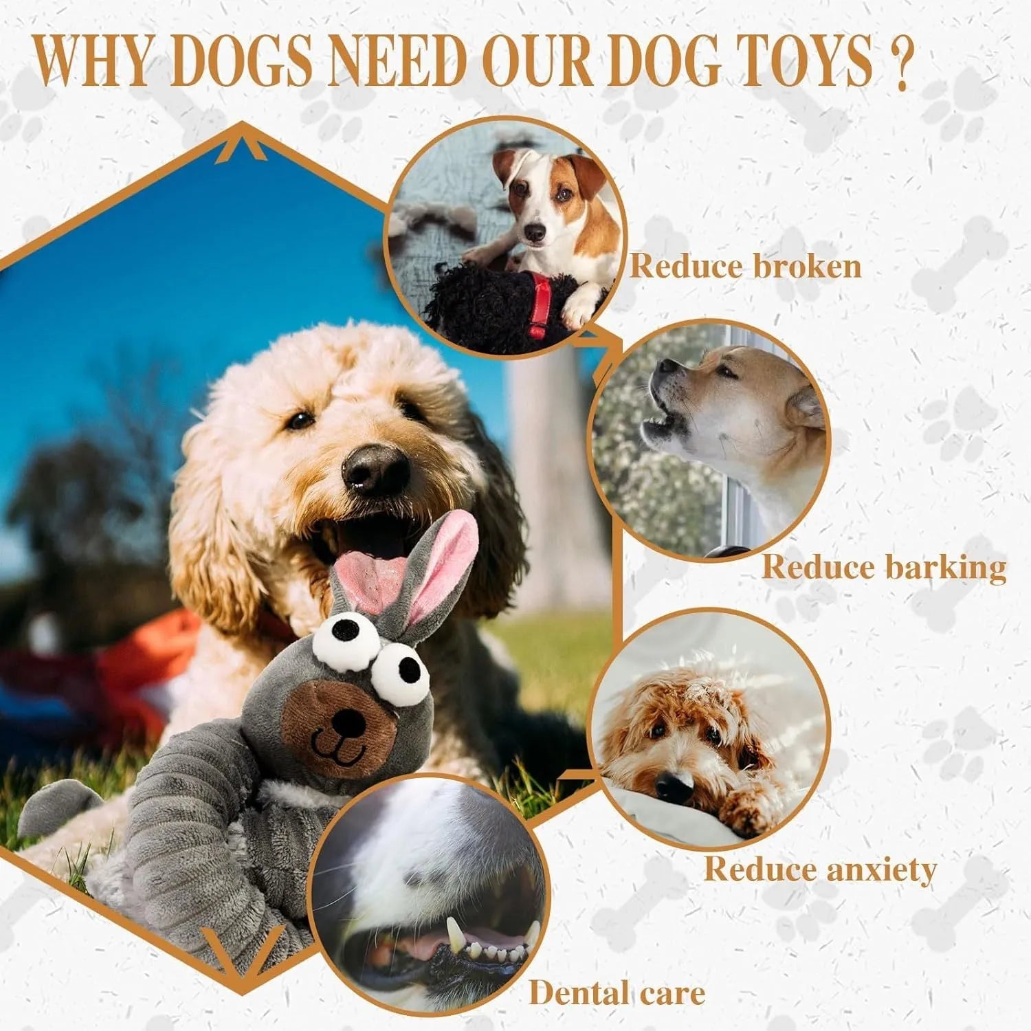 Brown grey yellow squeaky crinkle plush dog toy with stuffing for small medium large dogs