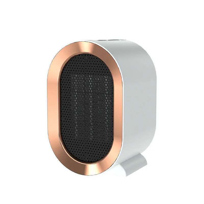 Desktop electric fan heater with a casting shell, showing mechanical dial and available in black, blue, green, or white.