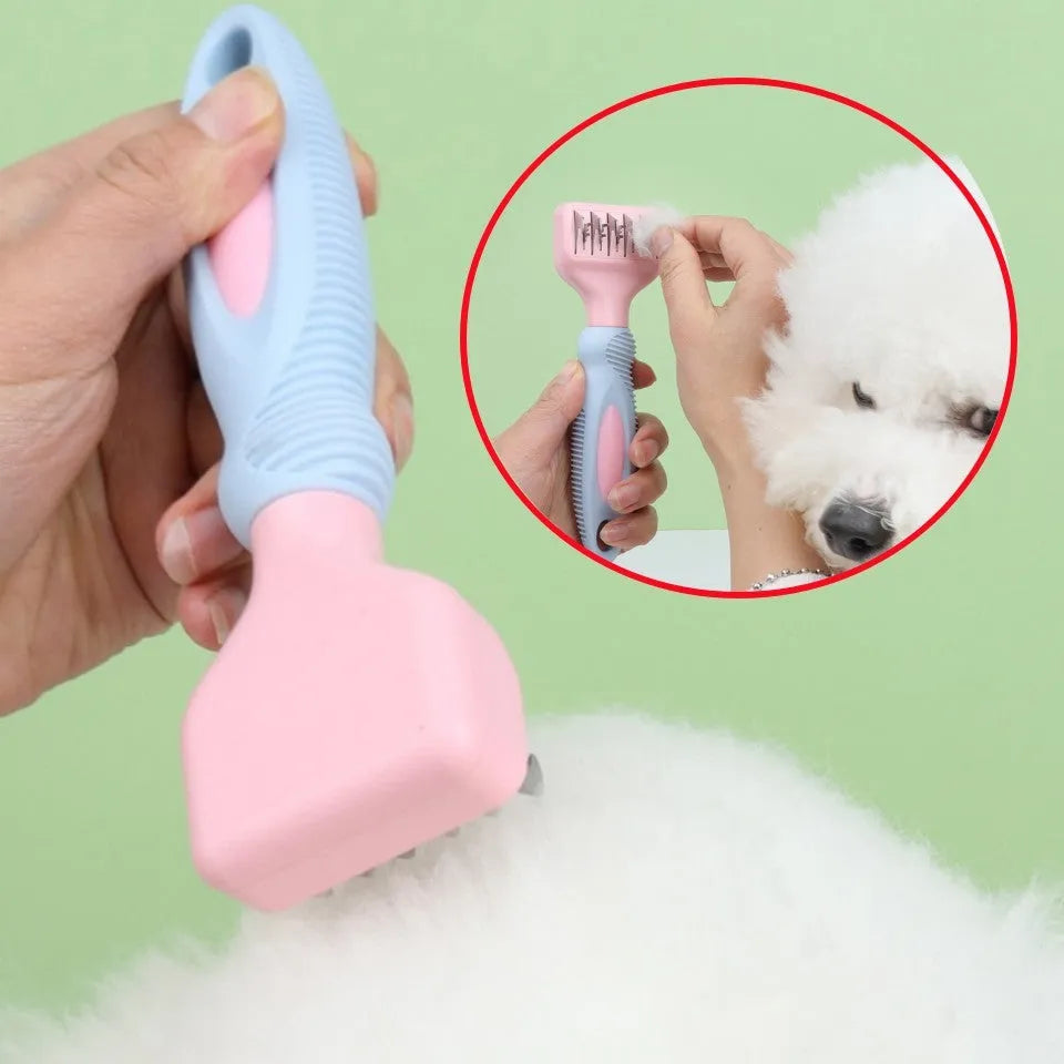 Pink stainless steel dog grooming comb with massage function and knot knife for pet fur care