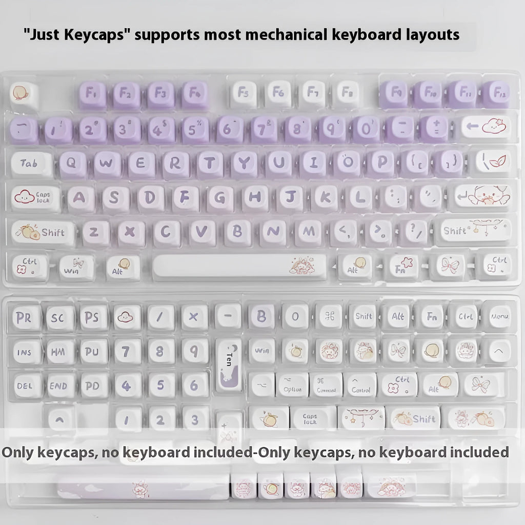 Close-up of a gradient purple and white rabbit design on a PBT mechanical keyboard key cap.