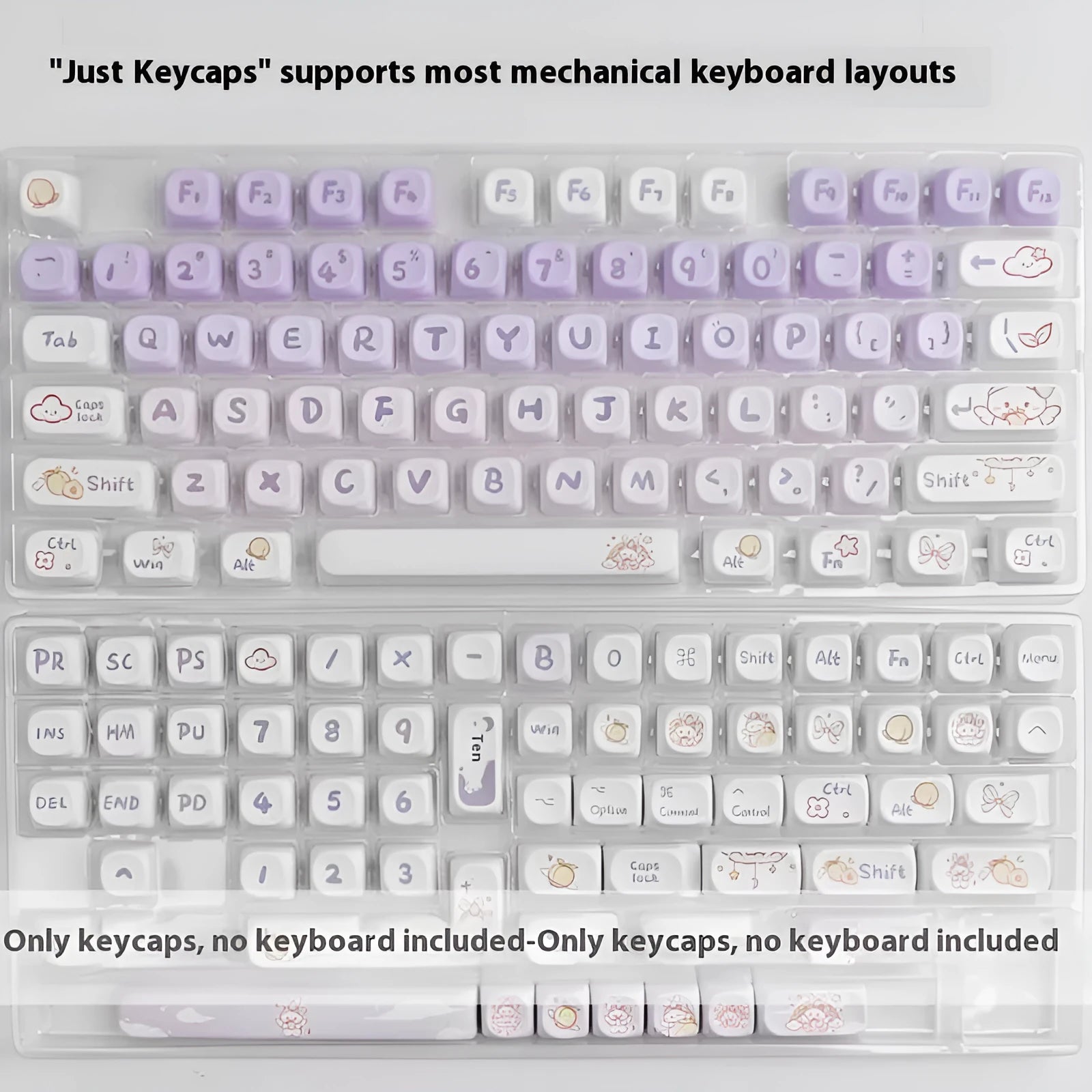 Close-up of a gradient purple and white rabbit design on a PBT mechanical keyboard key cap.