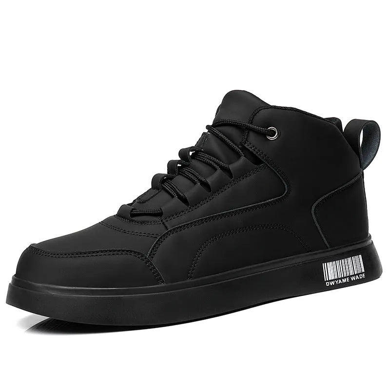 Men's white mid-top board shoes with round toe and flat rubber sole on grey background