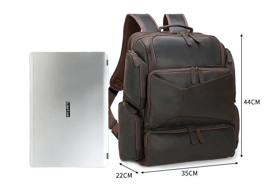 Dark brown men's genuine leather backpack for a 17-inch computer with retro crazy horse texture.