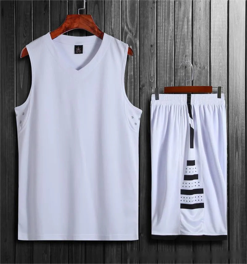 White and black polyester sports vest and matching pants set for basketball and fitness training.