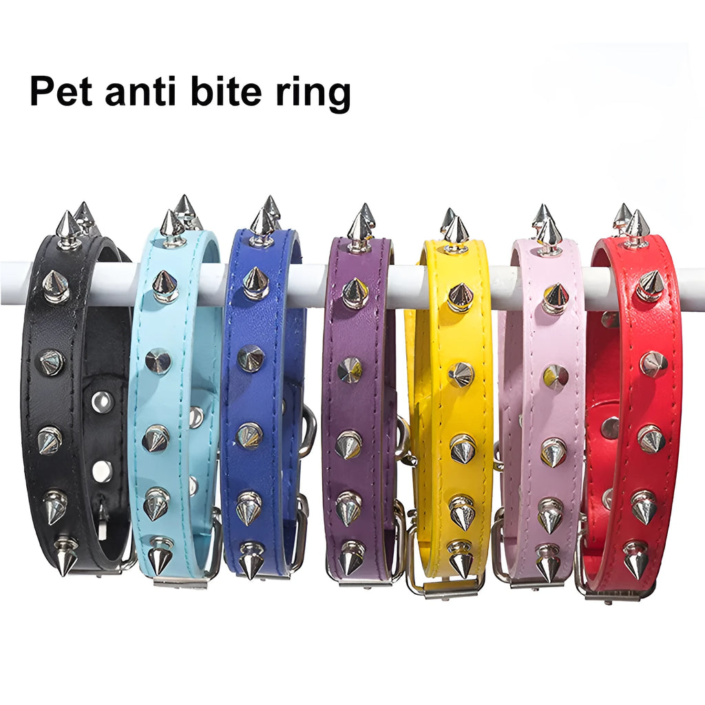 A spiked dog collar made of black PU leather with metal studs and an alloy metal buckle.