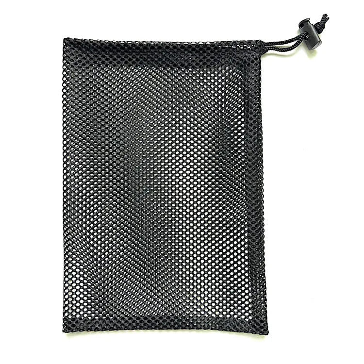 Black mesh drawstring storage bag for children's water balls and toys, shown in three available sizes.