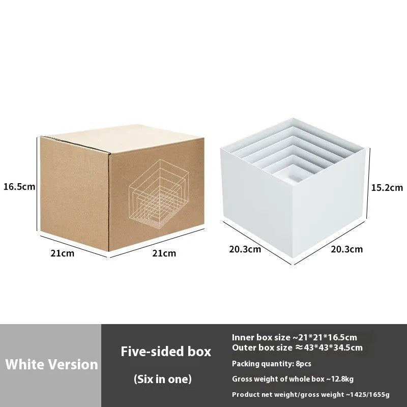 White plastic six-piece stacking dessert table display stand set for tiered bakery presentation