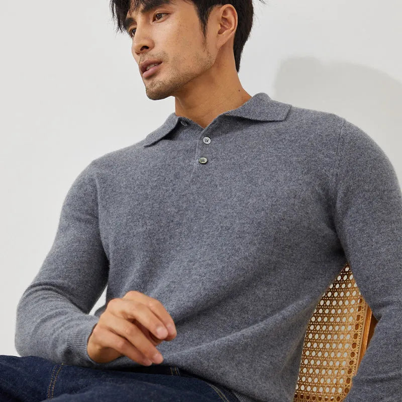 Men's sapphire blue cashmere short-sleeve pullover sweater with a polo collar.
