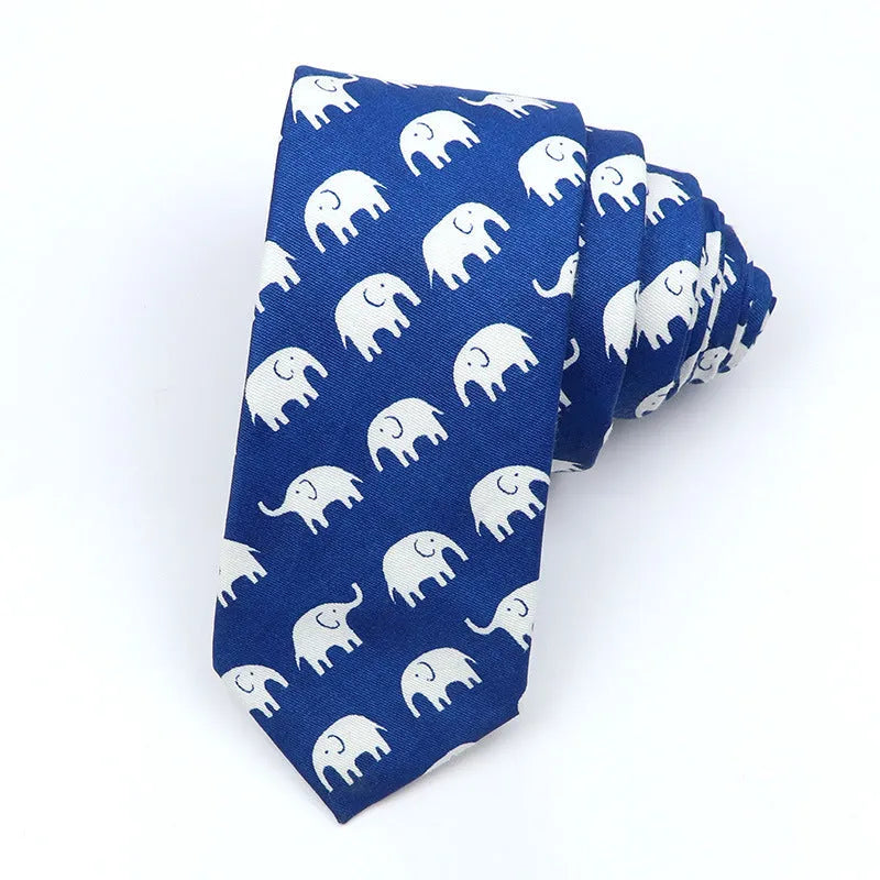 Korean style narrow men's cotton bow tie with a printed cartoon pattern in a selected colour.