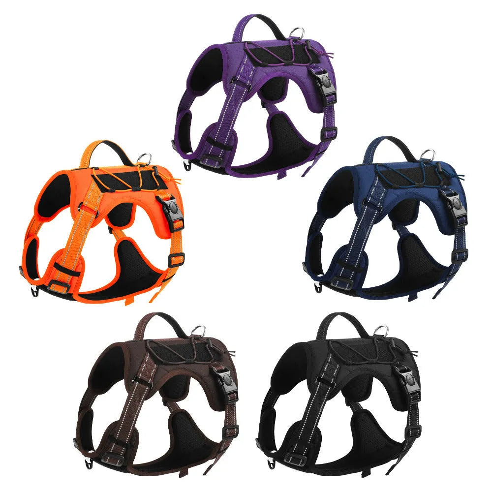 Reflective explosion-proof dog harness with attached hand-holding rope in orange colour, showing adjustable straps and safety features