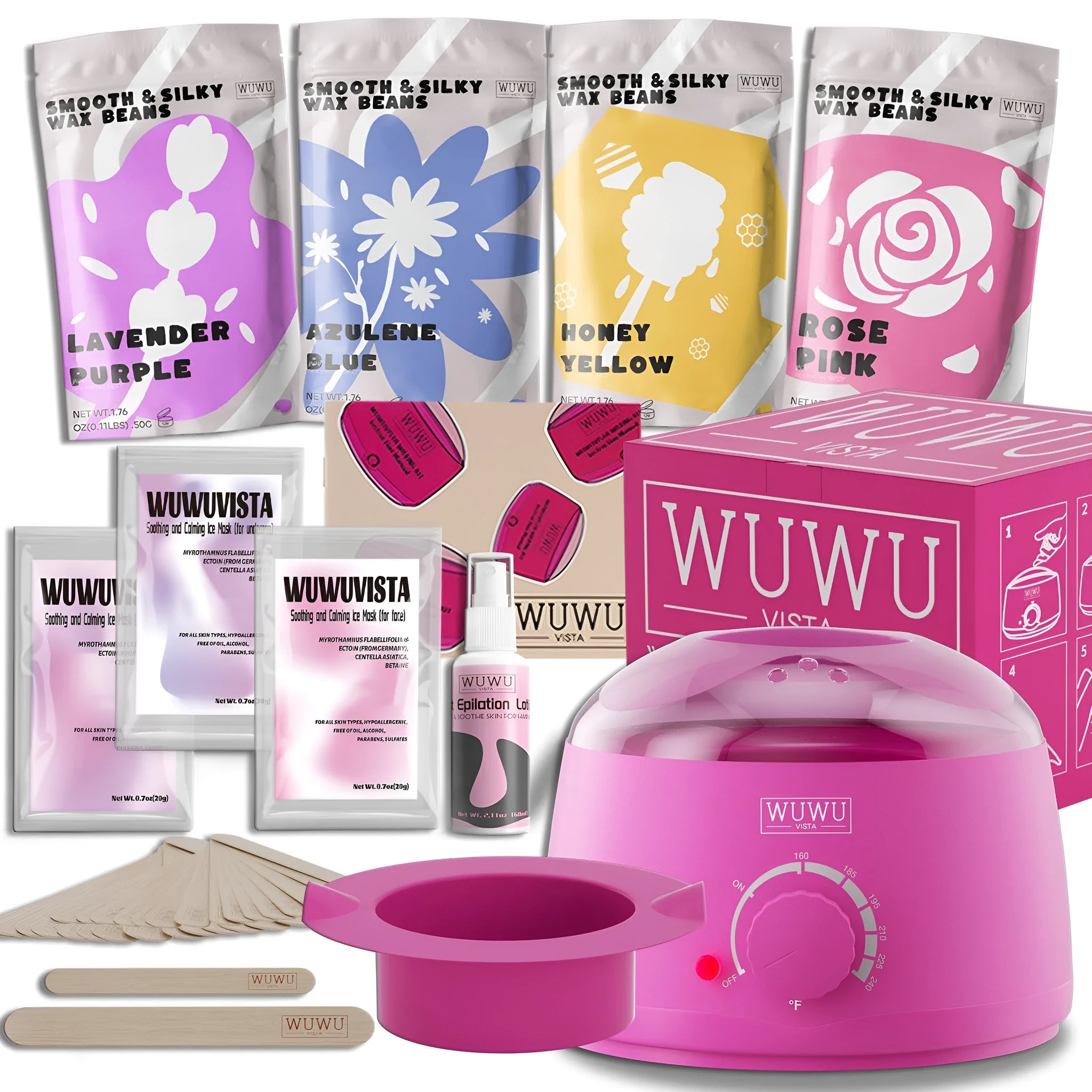 29 piece hard wax hair removal kit with black wax warmer, four wax bean colours, wax sticks and aftercare products