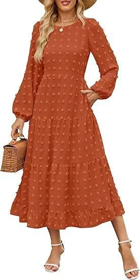 Women's long sleeve high waist casual dress with ruffled sleeves in a solid colour.