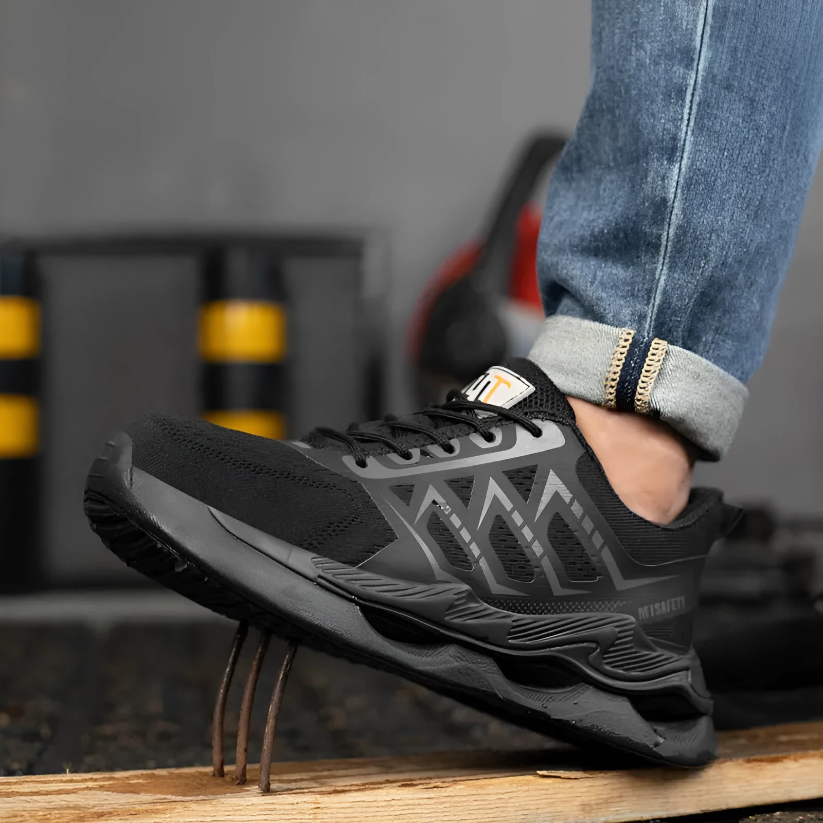 Black lightweight safety work shoes with a steel toe cap, flat knitted upper, and rubber sole shown from the side.
