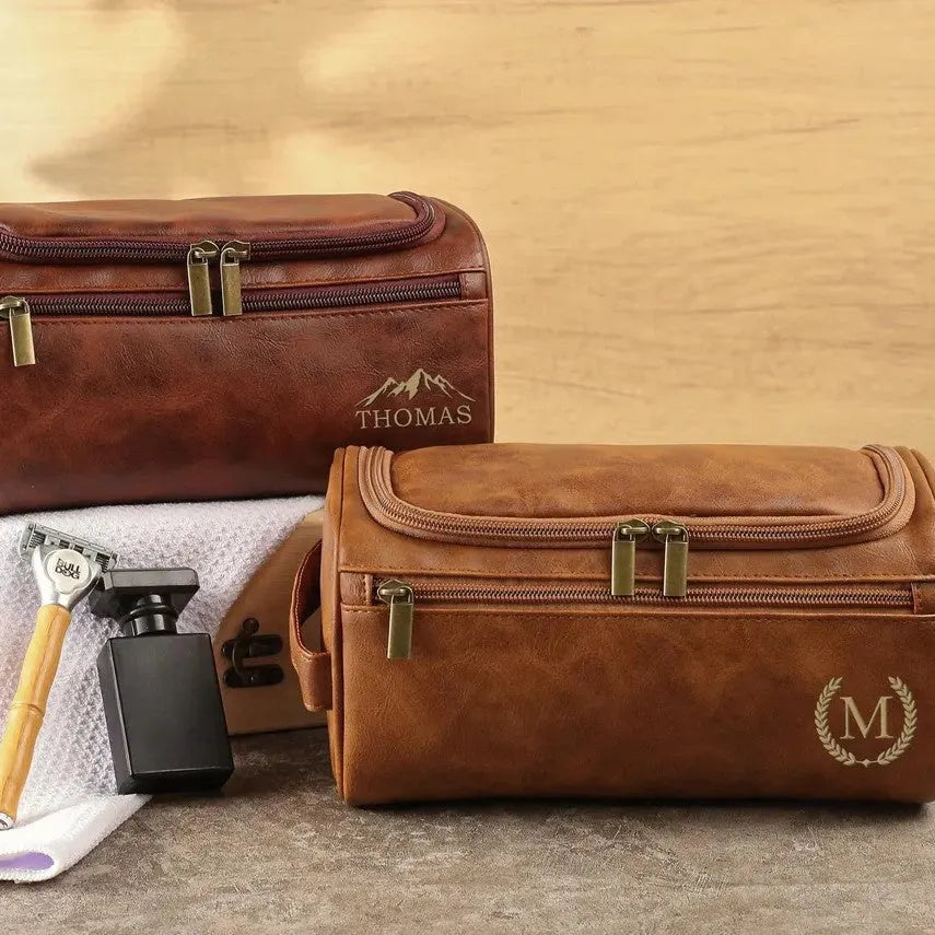 Men's personalised PU leather travel bag shown in four colour options: black, light brown, brown, dark brown.