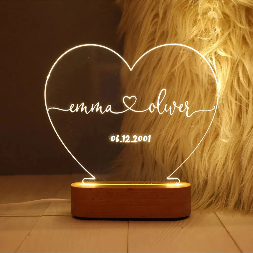 Transparent acrylic custom night light measuring 20cm by 11.5cm with personalised text