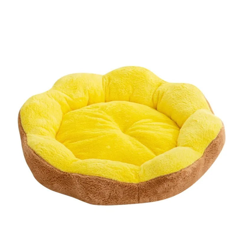 A round plush cat bed with a detachable cover, shown in a brown grey colour.