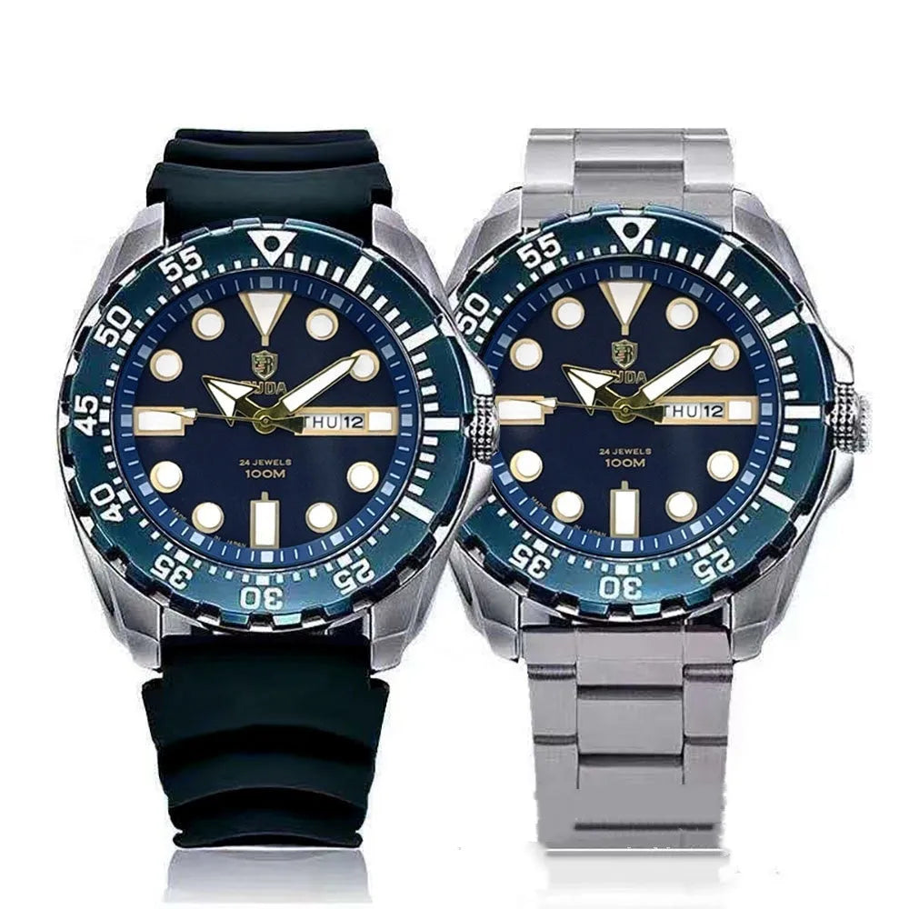 Men's waterproof luminous quartz watch with blue case and steel strap showing sporty 15mm design
