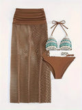 Women's brown, pink, and black three-piece bikini set with a fishnet long skirt on a size chart.