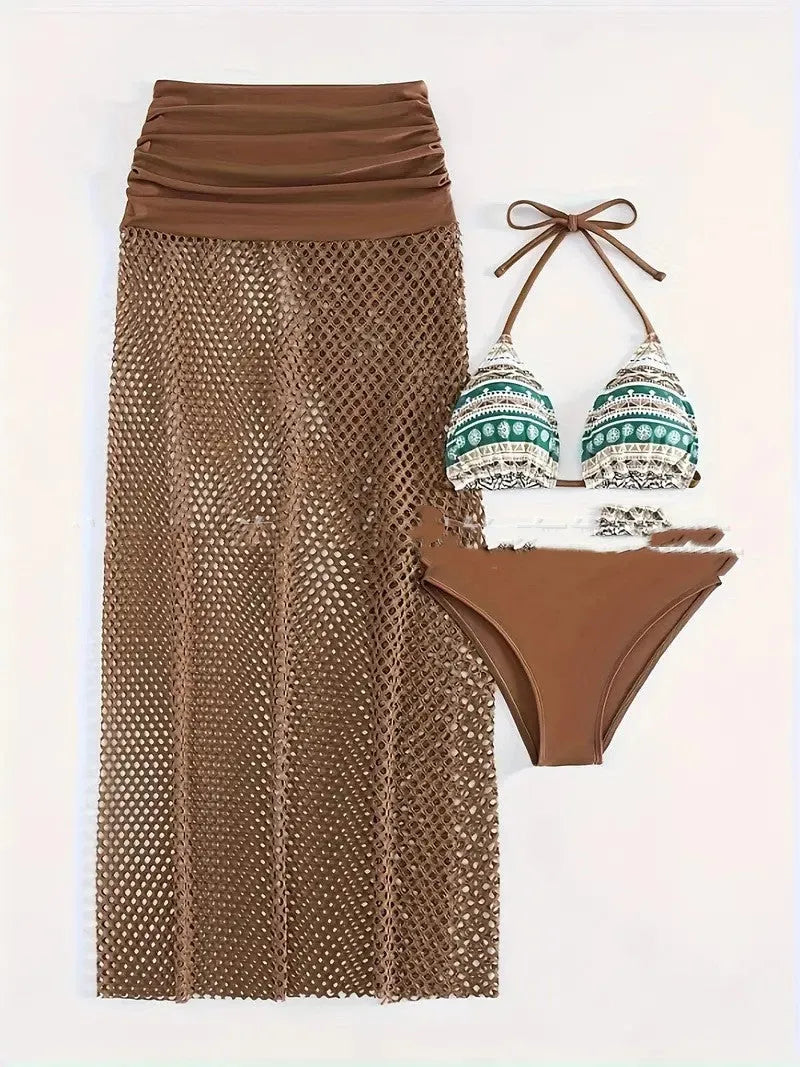 Women's brown, pink, and black three-piece bikini set with a fishnet long skirt on a size chart.