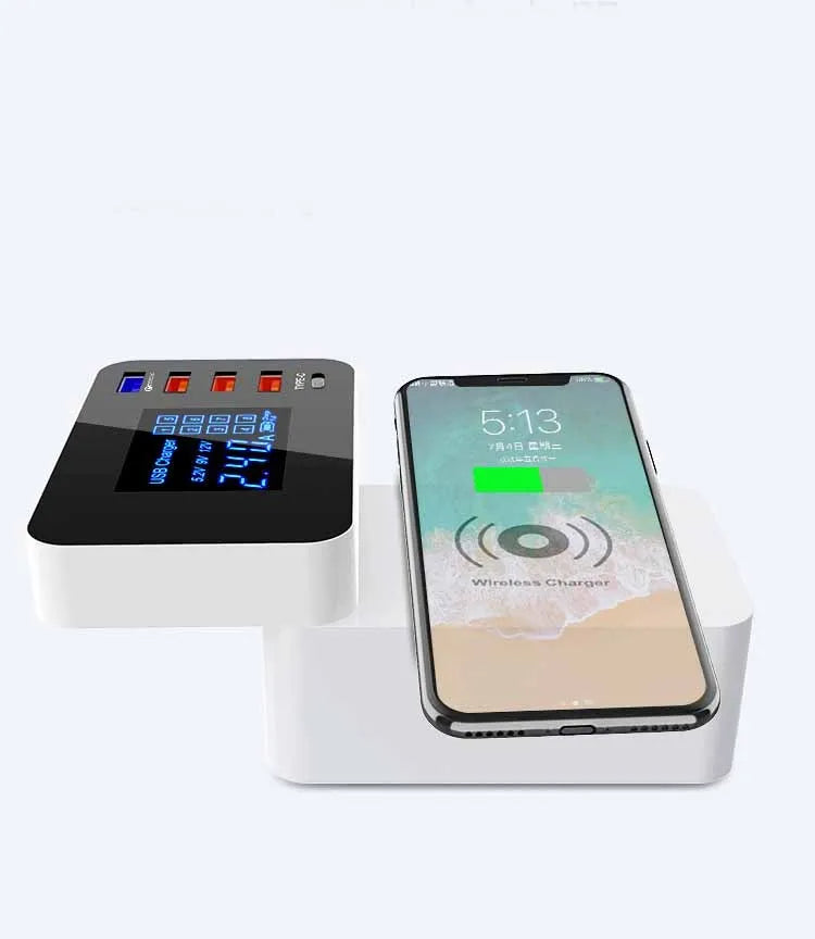 White multi USB port wireless fast charger with international plugs and 1.5 metre cable