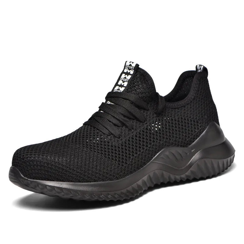 Men's black safety work shoes with steel toe caps and low-cut design for industrial use