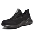 Men's black safety work shoes with steel toe caps and low-cut design for industrial use