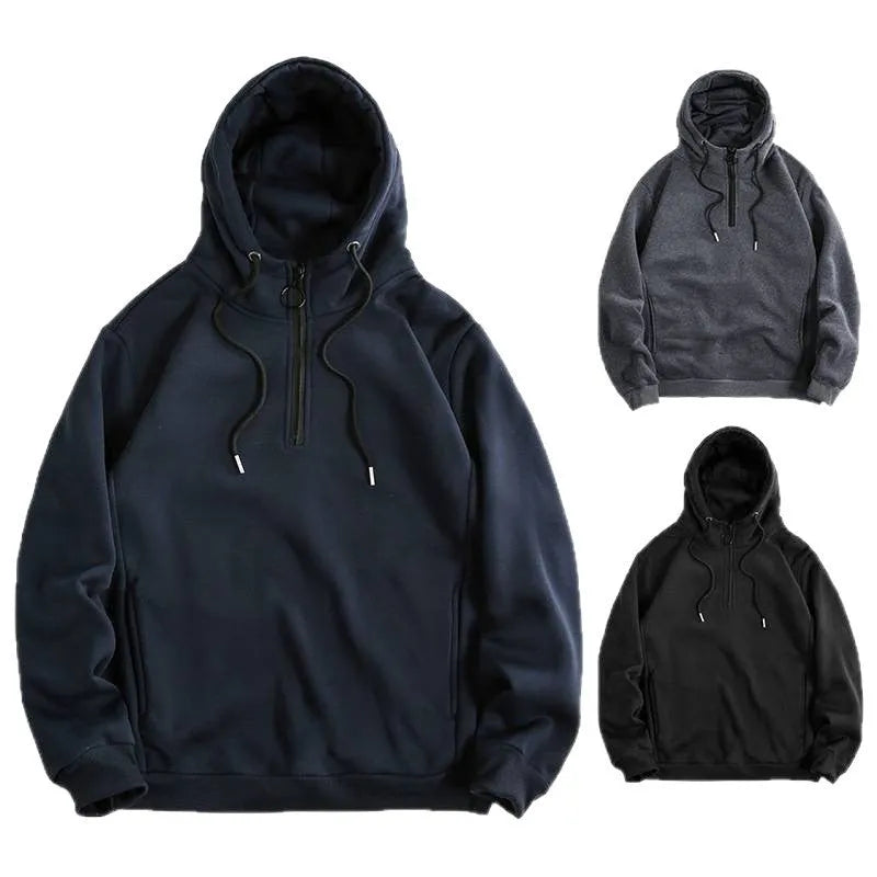 Men's Loose Casual Solid Color Hoodie in Polyester Fibre, Slim Fit Pullover Sweatshirt Available in Black, Dark Gray, Navy Blue, Sizes S M L XL 2XL, Large Size Suitable for Big Builds, Asian Sizing Note Provided