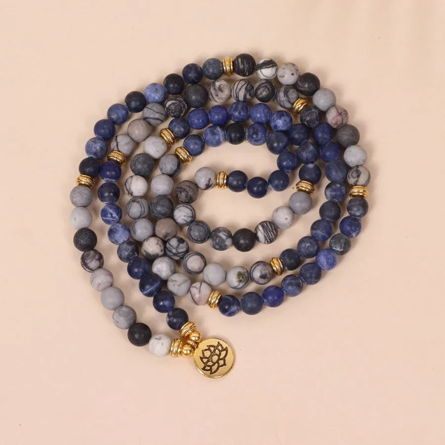 Blue patterned network stone bead multi-layer bracelet with alloy metal details