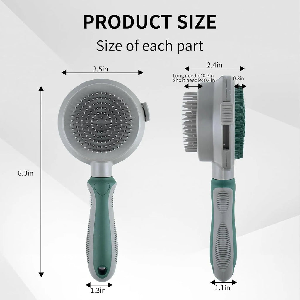 Green and pink dual-sided pet grooming brush with retractable slicker brush and silicone massager pins