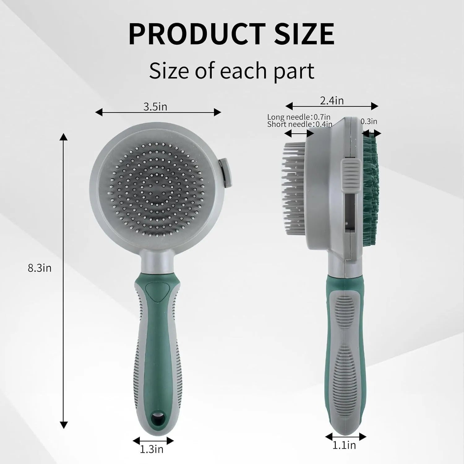 Green and pink dual-sided pet grooming brush with retractable slicker brush and silicone massager pins