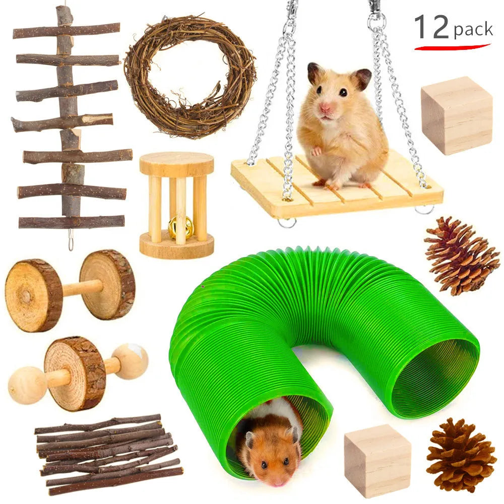 Wooden pet chewing toys bundle for rabbits guinea pigs and parrots with natural wood materials